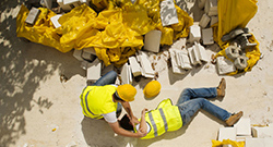 Trabajador de la construcción tratando de dar los primeros auxilios a un compañero de trabajo caído - Riddle &amp; Brantley