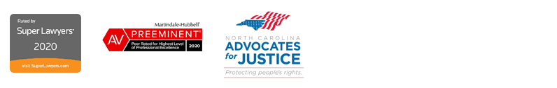 Three award badges for SuperLawyers 2020, AV Preeminent, and North Carolina advocates for justice