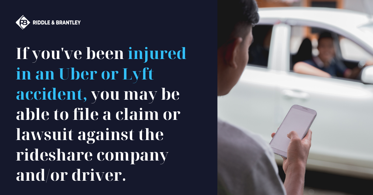 If you've been injured in an Uber or Lyft accident, you may be able to file a claim or lawsuit against the rideshare company and/ore driver.