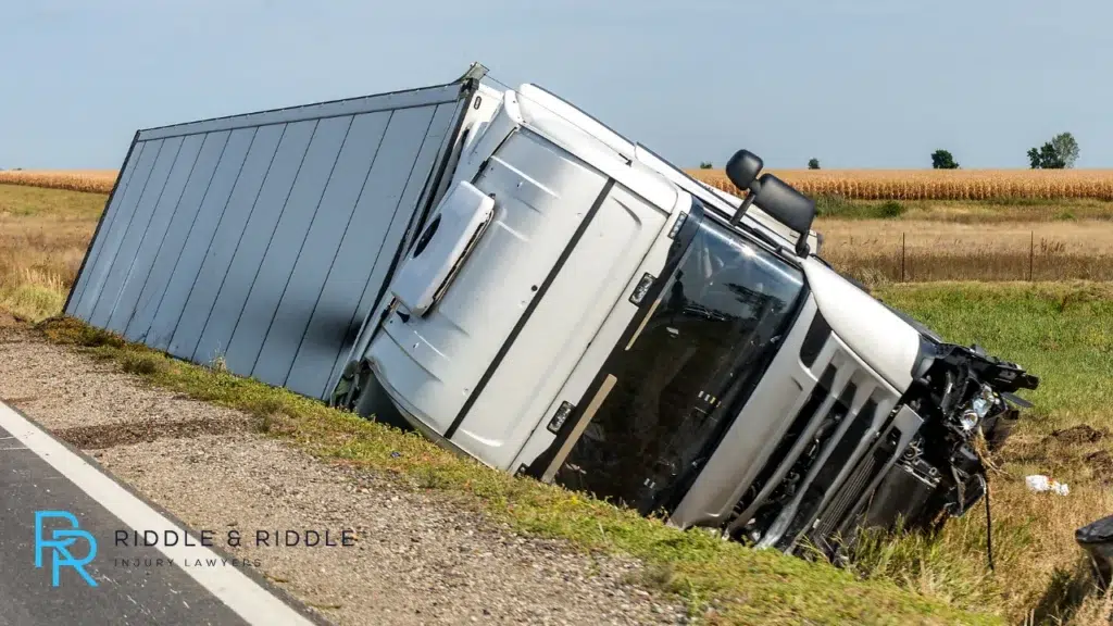 772 - truck laying on the side of the road on top of grass
