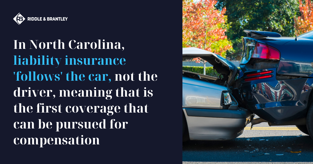 In North Carolina, liability insurance 'follows' the car, not the driver, meaning that is the first coverage that can be pursued for compensation.