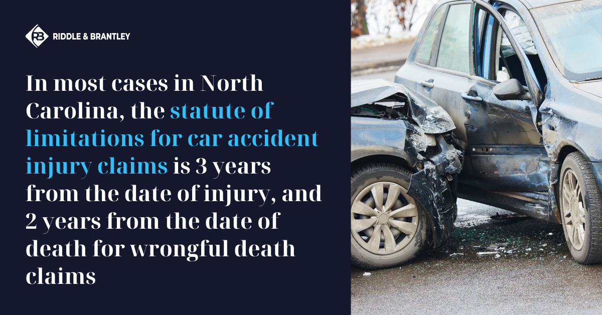 In most cases in North Carolina, the statute of limitations for car accident injury claims is 3 years from the date of injury, and 2 years from the date of death for wrongful death claims.