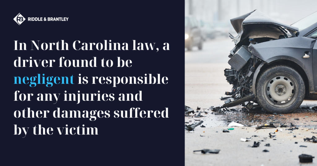 In North Carolina law, a driver found to be negligent is responsible for any injuries and other damages suffered by the victim.