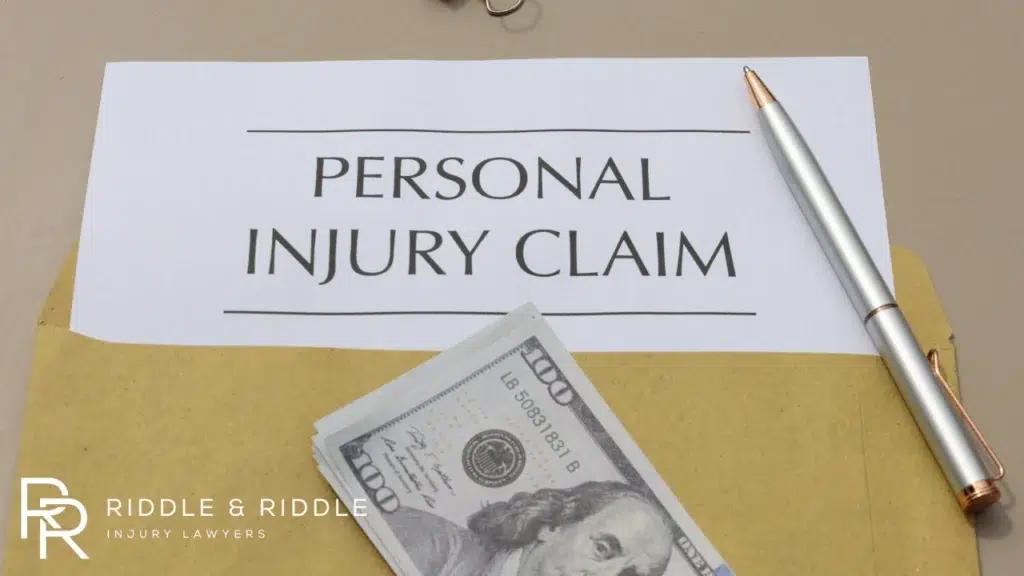 Personal injury claim paperwork in an envelope with money stacked on top