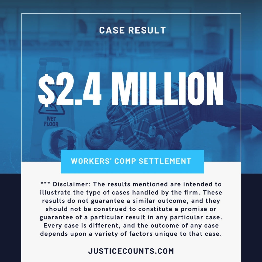 Case Result: $2.4 Million Workers' Comp Settlement *** Disclaimer: The results mentioned are intended to illustrate the type of cases handled by the firm. These results do not guarantee a similar outcome, and they should not be construed to constitute a promise or guarantee of a particular result in any particular case. Every case is different, and the outcome of any case depends upon a variety of factors unique to that case. - Riddle & Brantley