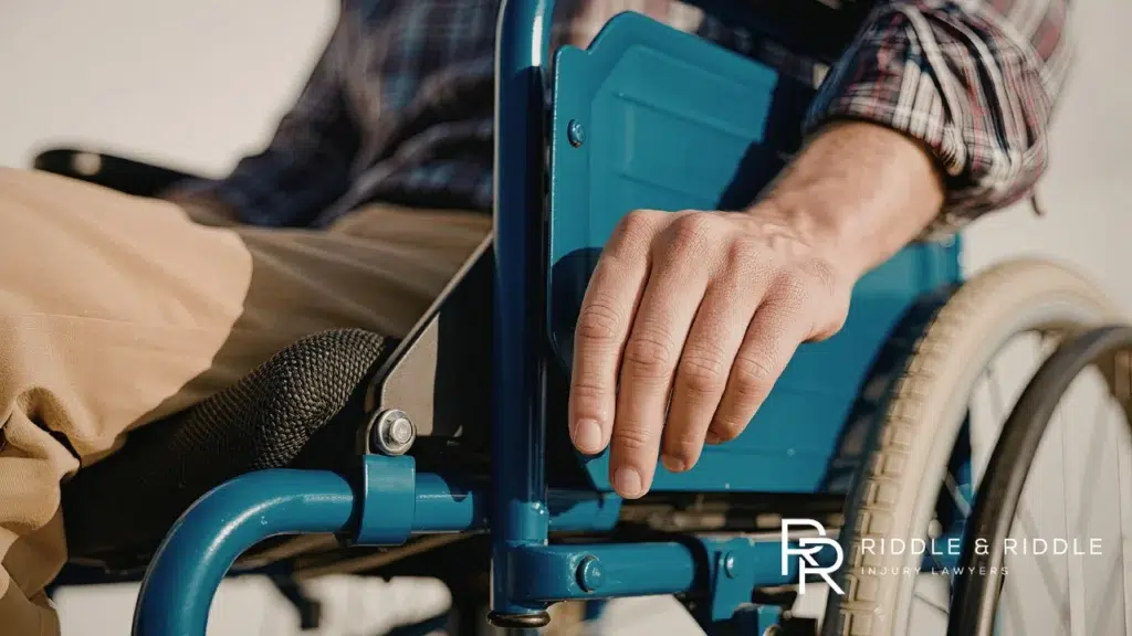 Close-up of a person's hand resting on the blue metal frame of a manual wheelchair