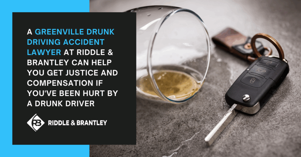 A Greenville drunk driving accident lawyer at Riddle & Riddle can help you get justice and compensation if you've been hurt by a drunk driver. Image shows keys and a tipped over alcoholic beverage.