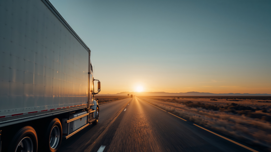 Self driving truck driving towards a sunset
