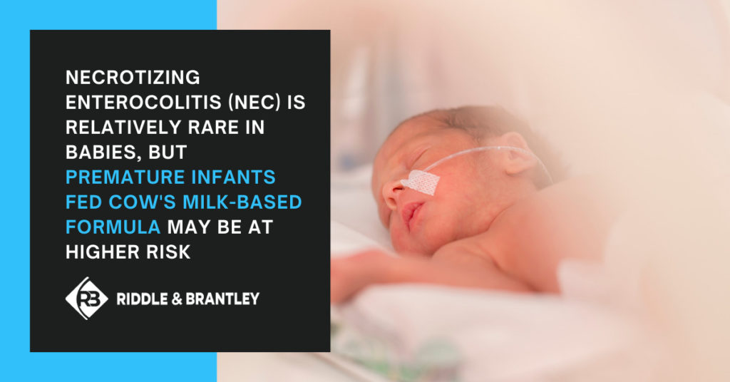 Necrotizing enterocolitis (NEC) is relatively rare in babies, but premature infants fed cow's milk-based formula may be at higher risk.