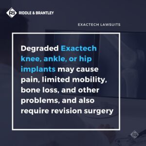 Los implantes Exactech degradados de rodilla, tobillo o cadera pueden causar dolor, movilidad limitada, pérdida ósea y otros problemas, y también requerir cirugía de revisión.