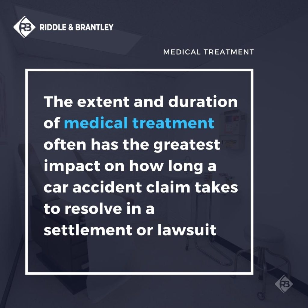 The extent and duration of medical treatment often has the greatest impact on how long a car accident claim takes to resolve in a settlement or lawsuit.