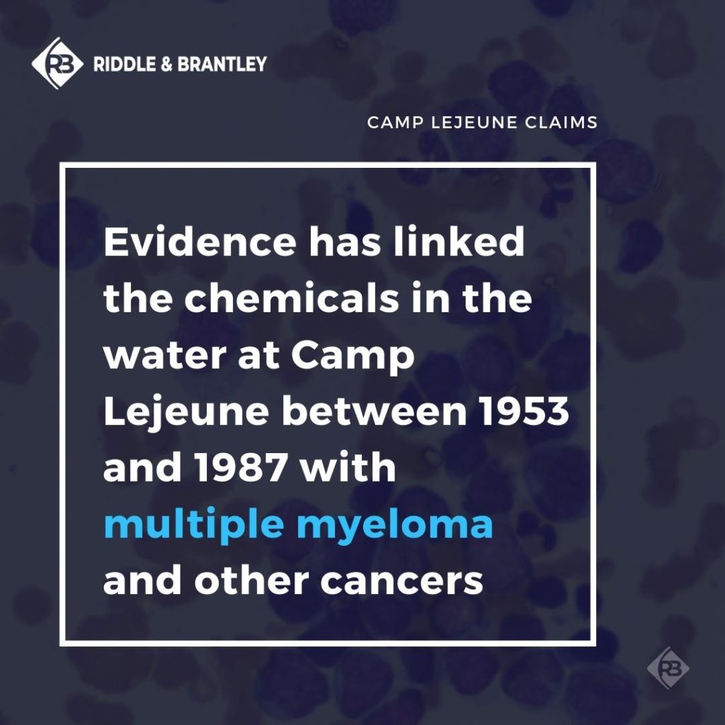 Evidence has linked the chemicals in the water at Camp Lejeune between 1953 and 1987 with multiple myeloma and other cancers.