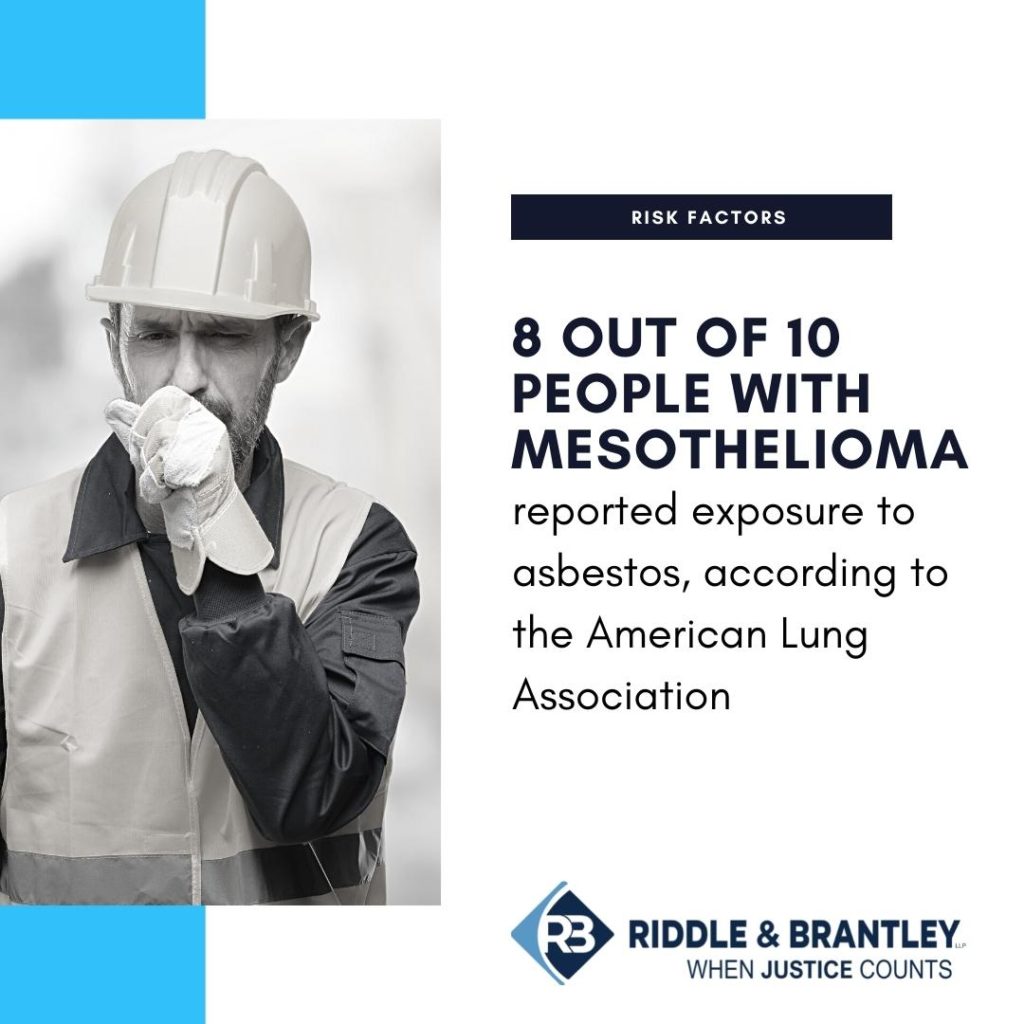 8 out of 10 people with mesothelioma reported exposure to asbestos, according to the American Lung Association - Riddle & Brantley