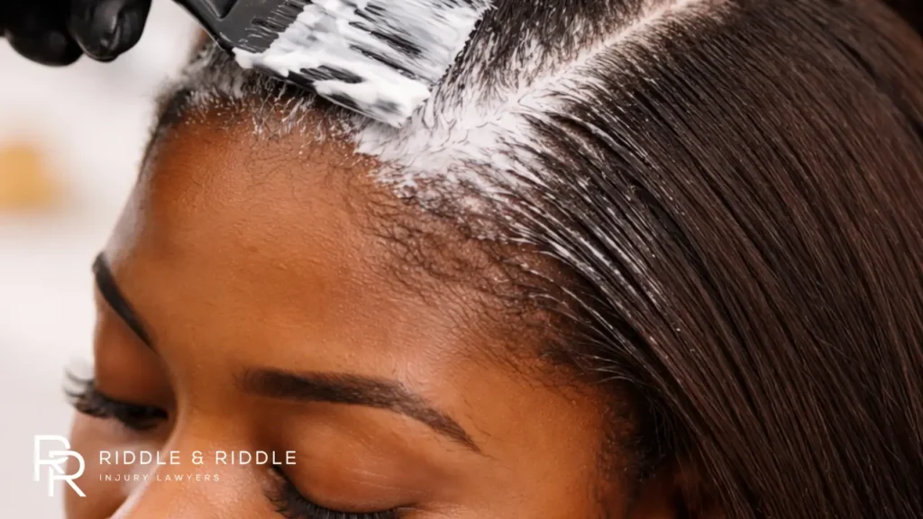 Bruch with a hair relaxer on a ladies hair