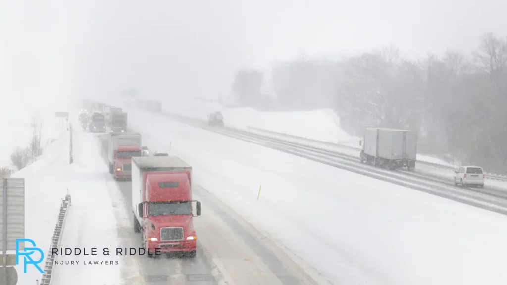 Trucks driving out of state in the snow