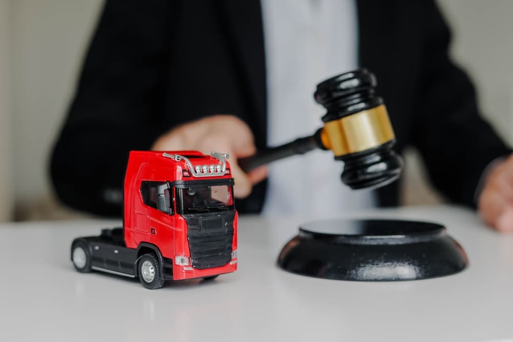 Truck Accident Lawyer in his office with model of a red truck