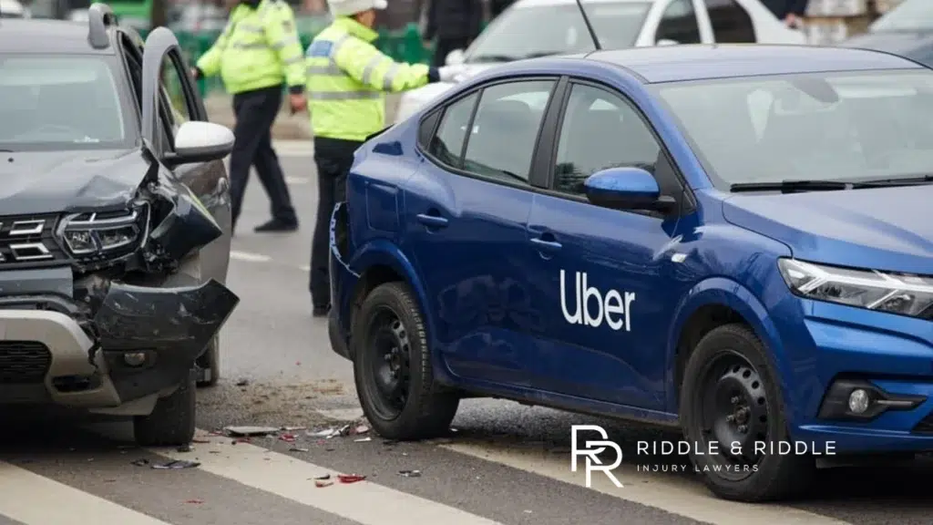 Two cars involved in a head-on collision on a city street.