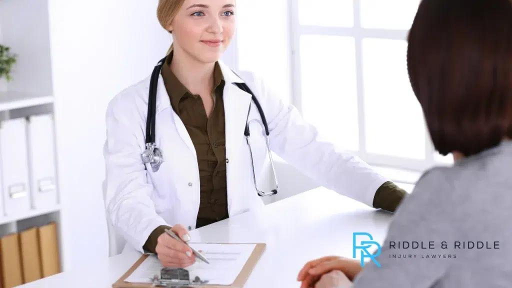 Doctor holding pen and clipboard staring at patient