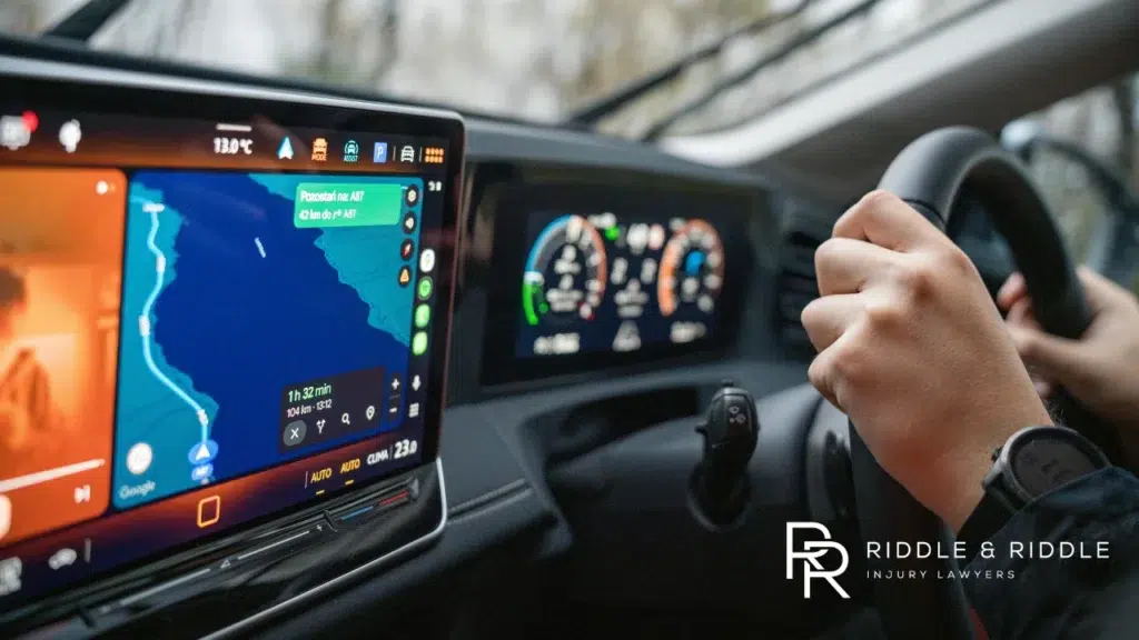 Driver's hands on a steering wheel next to a large digital navigation screen