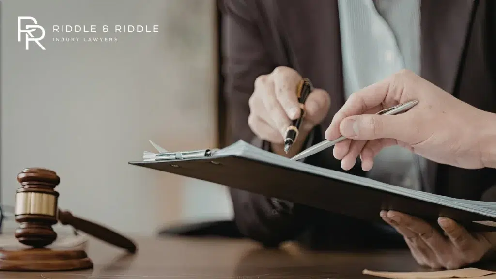 Hands holding a pen and clipboard next to a gavel, preparing to sign legal papers