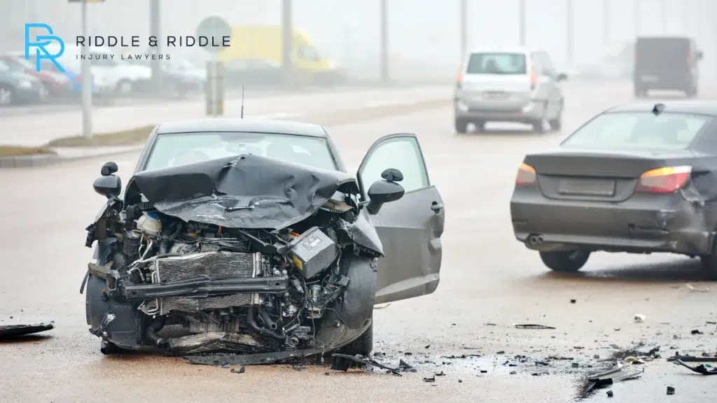 Front of a destroyed car after a car accident