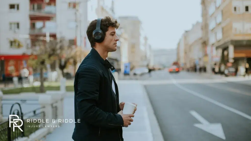Man with headphones stands on a city sidewalk holding a coffee cup