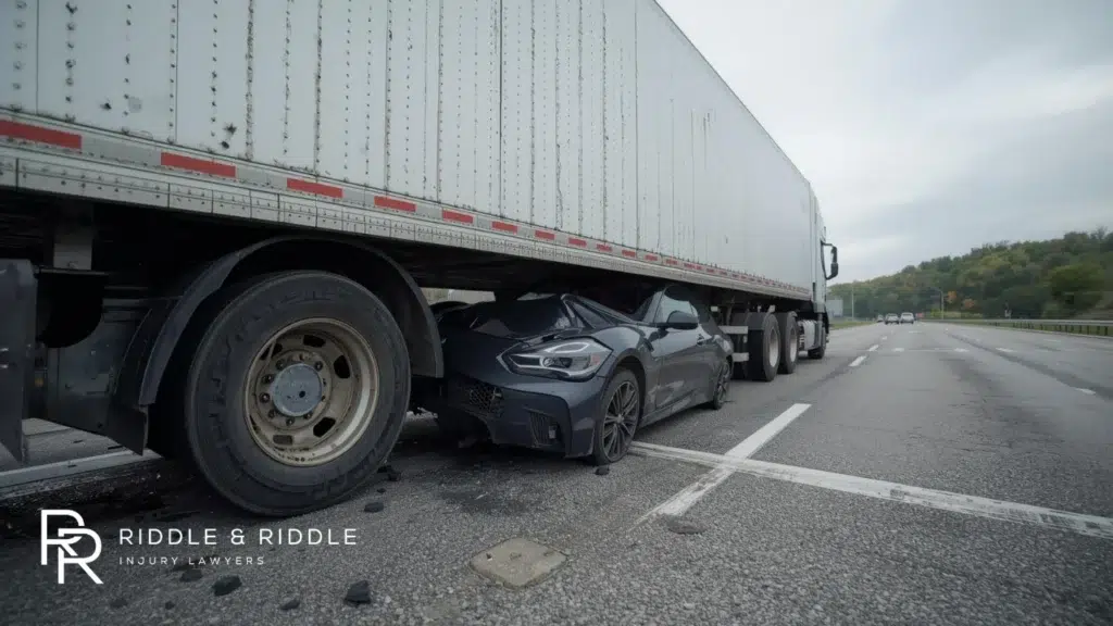 A dark sedan severely crushed underneath the side of a large white semi-trailer