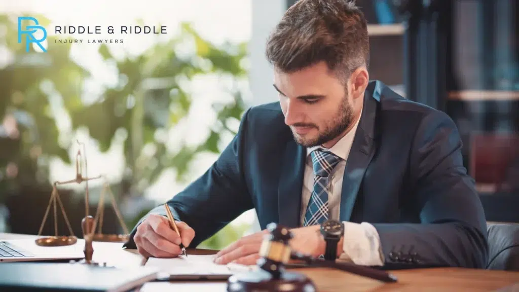 Lawyer looking down at paper and signing it