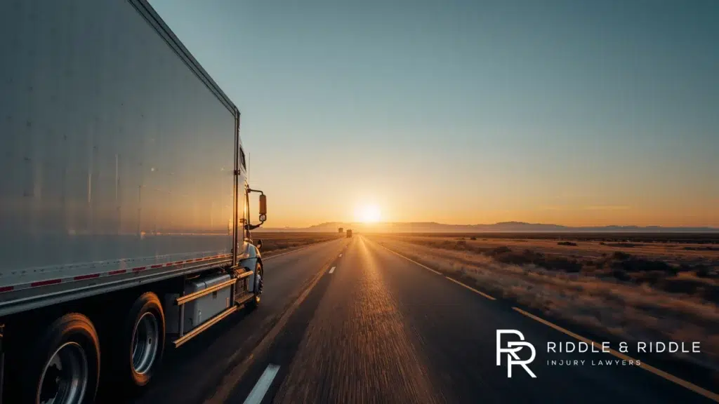 Semi-truck driving toward a bright sun setting on the horizon of a straight highway