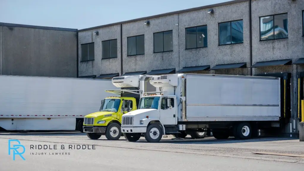 Two trucks parked outside distribution center
