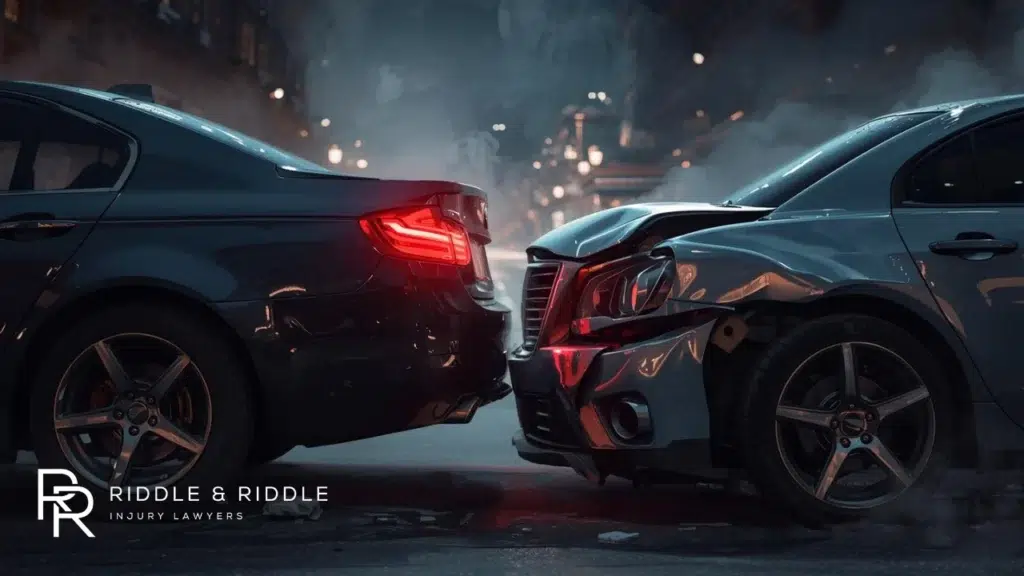 Two dark cars crashed together on a wet city street at night with glowing taillights