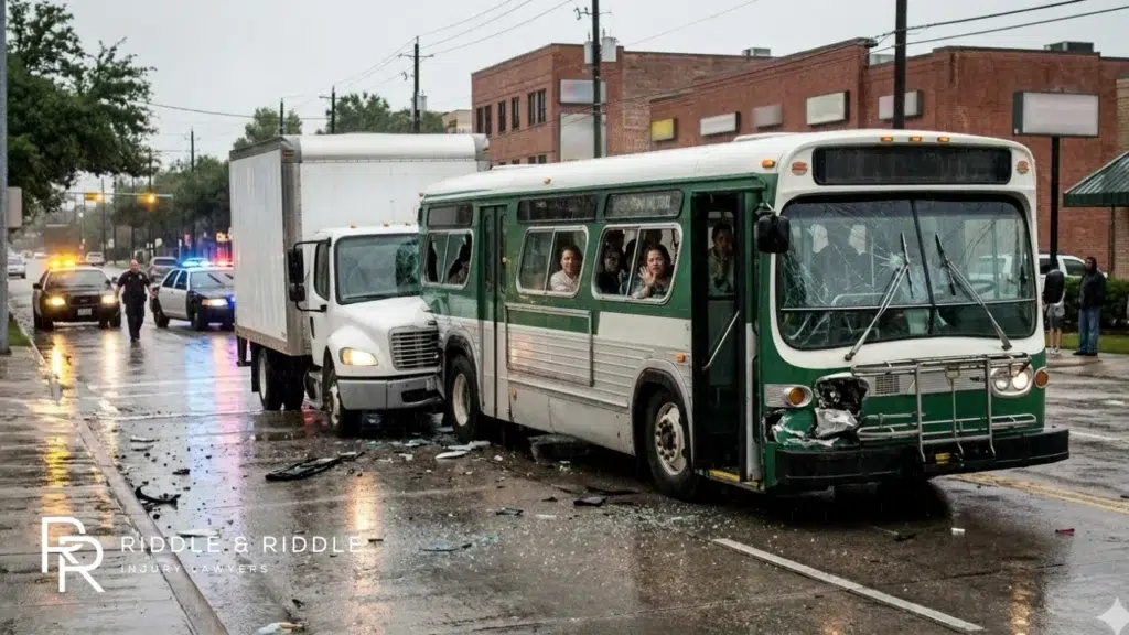 Green public bus and a white truck collided on a wet street with police cars nearby