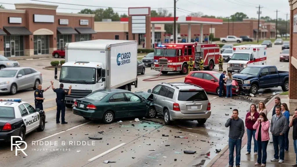 High-angle view of a car crash involving several vehicles and emergency responders