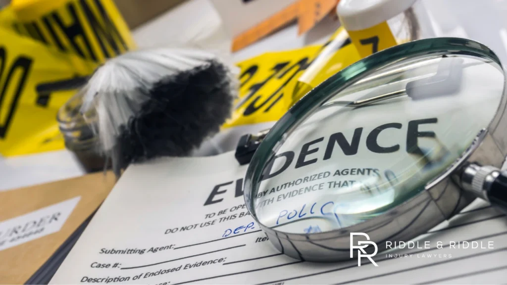 Magnifying glass focuses on an EVIDENCE bag with a forensic brush nearby