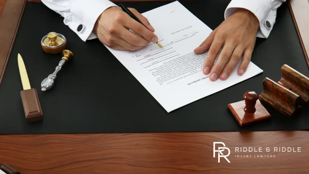 Person signs a formal paper with an ink stamp and wax seal tools on a wooden desk