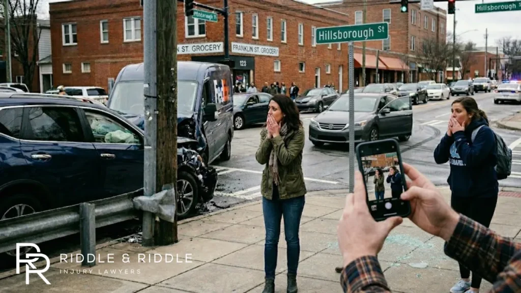 Two women witnessing a car accident while someone takes a picture of it