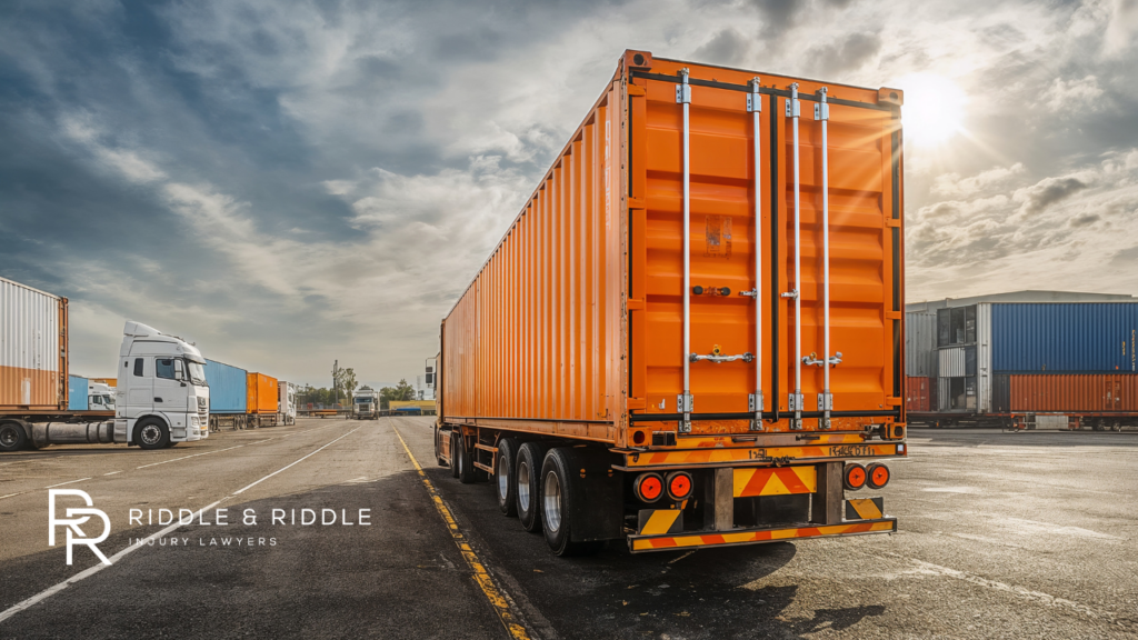 A commercial scene showing a large cargo container shipping truck in a depot.
