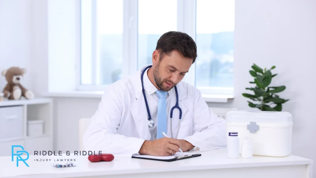 A medical professional working at a desk in an office setting.